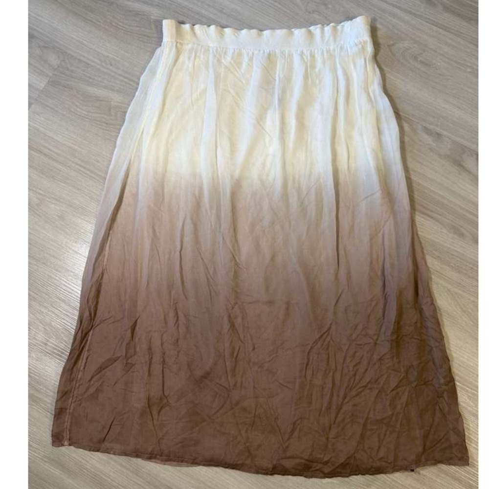 Chicos Ombre Maxi Skirt White Tan Dip Dye Elastic Waist Flowy Midi Skirt Size 3